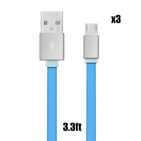 Myckuu [3.3ft/1M] Soft TPE Material Flat Noodle Micro USB 2.0 Lightning Charging and Sync Cable for Samsung, HTC, Motorola, Nokia, Android, and More Set of 3 (blue)