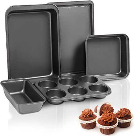 LINKLIFE 5-Piece Stackable Baking Pans Set, Bakeware Set Nonstick Steel, Cookie Sheet, Cupcake Pan, Square Cake Pan, Loaf Bread Box, Deep Roasting Pan for New Home Kitchen Supplies