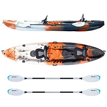 Driftsun Teton 120 Hard Shell Recreational Tandem Kayak, 2 or 3 Person Sit On Top Kayak Package with 2 EVA Padded Seats, Includes 2 Aluminum Paddles and Fishing Rod Holder Mounts