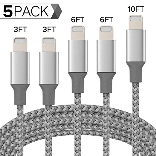 iPhone Cable, Lightning Cable Charging Cable 5 Pieces Durable Nylon Braided Wire Data Sync Charging Cord Compatible iPhone X/8 Plus/7 Plus/6s/6 Plus/6s Plus/5/5s/5c/iPad/iPod