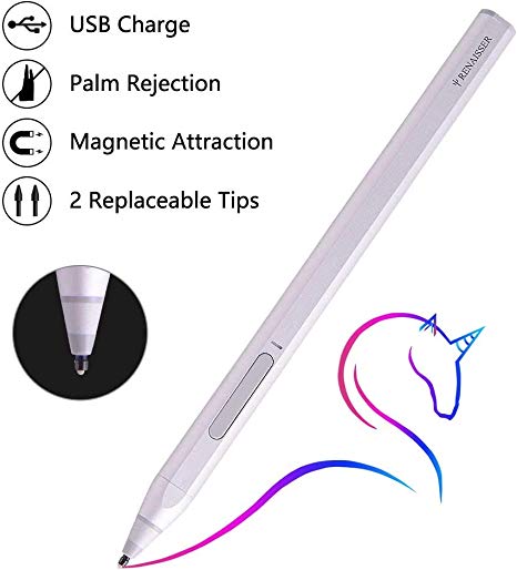 RENAISSER Stylus Pen for Surface, Portable with Magnetic Attachment, 4096 Pressure Points High Sensitivity Digital Pen, Stylus Pen with 2 Replaceable Tips for Surface Pro/GO/Book, Raphael 520, Silver