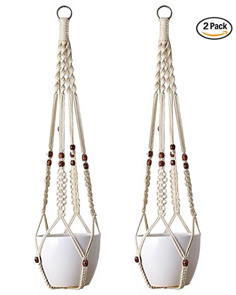 Mkono 2Pcs Macrame Plant Hanger Indoor Outdoor Hanging Planter Basket Cotton Rope With Beads 35 Inch