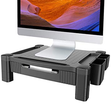 Monitor Stand Riser - Adjustable Computer Screen Riser Printer Stand with Pull Out Storage Drawer, Desk Organizer with Phone/Tablet Slot and Removable Holder for Pen Pencil Office Supplies by HUANUO