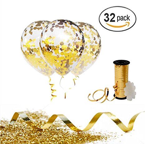 Gold Confetti Balloons with Curling Ribbon Roll & Flower Clips 32 Pack | Premium 12 Inch Latex Party Balloons - Filled - with Round Golden Mylar Foil Dot Confetti | For Birthday, Wedding, Proposal