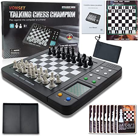 Vonset Electronic Chess Set M620 for Kids Magnetic Chess Board Set Sensory Board with Large LCD Screen Chess Computer Board Game Learning Chess Board and Cards Easy to Store Toys and Gift for Adult