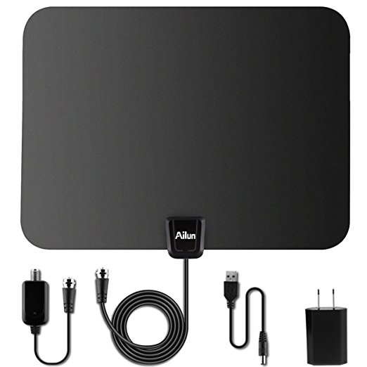 TV Antenna,by Ailun,Ultra Thin Indoor HDTV Antenna for High Reception,50 Mile Range with Detachable Amplifier Signal Booster for UHF VHF PowerSupply,16.4ft Coaxial Cable[Black]