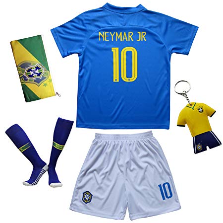 KID BOX BRAZIL NEYMAR JR #10 Away Blue Football Soccer Kids Jersey Short Socks Set Youth Sizes