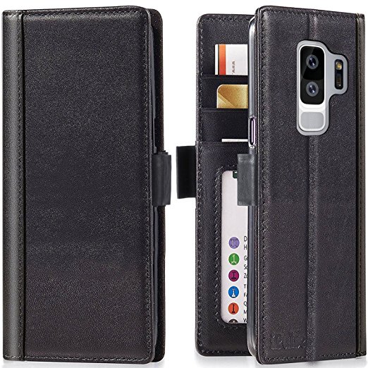 Galaxy S9 Plus Wallet Case Leather -- iPulse Journal Series Italian Full Grain Leather Handmade Flip Case For Samsung Galaxy S9 Plus with Magnetic Closure - Black