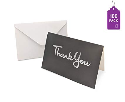 Thank You Cards- Bulk Pack of 100 With Envelopes, Hot Stamped Greeting cards (2 Colors Available) (Grey/Silver)