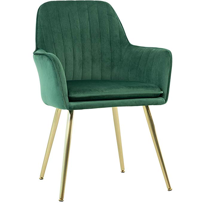 GOLDEN BEACH Elegant Velvet Dinning Chair Mid-Back Support Accent Arm Chair Modern Leisure Upholstered Chair with Gold Plating Legs (Dark Green)