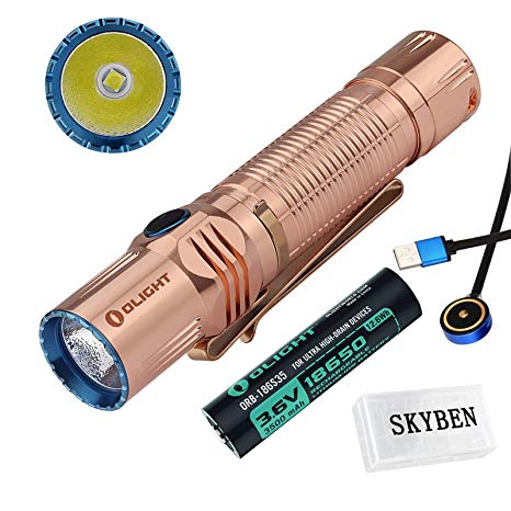 Olight M2R Warrior Cu Limited Edition Copper Cree XHP35 HD CW 1500 Lumen Magnetic Rechargeable Tactical Flashlight, with Charging Cable,Customized 18650 Battery,and SKYBEN Battery Case