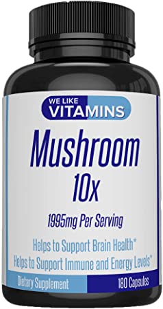 Mushroom Supplement 10x 1995mg Per Serving 180 Capsules - 10 Mushroom Blend: Cordyceps, Reishi, Shiitake, Lions Mane, Maitake, Turkey Tail, and Chaga   3 More - Helps Support Brain and Immune System