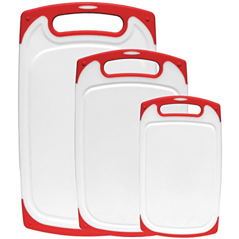 Dutis 3-Piece Dishwasher Safe Plastic Cutting Board Set with Non-Slip Feet and Drip Juice Groove, White with Red