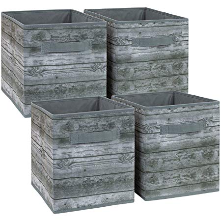 Sorbus Foldable Storage Cube Basket Bin, Rustic Wood Grain Print, 4-Pack (Rustic Bin - Gray)