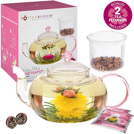 Teabloom Pretty in Pink Rose Teapot - 34 oz Borosilicate Glass Teapot, 2 Blooming Tea Flowers, Glass Tea Infuser - Thermal Shock Resistant - Stovetop, Microwave Safe
