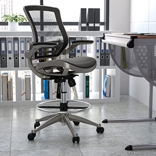 Flash Furniture Mid-Back Transparent Black Mesh Drafting Chair with Graphite Silver Frame and Flip-Up Arms