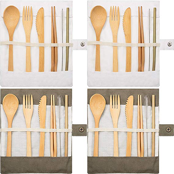 Tatuo 4 Set Bamboo Utensils Flatware Bamboo Travel Cutlery Set Reusable Bamboo Fork Spoon Knife Chopsticks Straws Metal Brush (Color B)