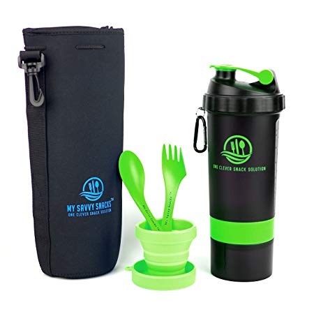 Protein Shaker 3-in-1 Snack Container by My Savvy Snacks - BPA-Free, Dishwasher Safe Shaker Bottle Snack Compartment, Neoprene Cooler Bag, 2 Sporks and Expandable Cup. (Green)