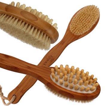 Bamboo Bath Brush with Long Handle, ESARORA Brush for Back Scrub, Soft Natural Bristles Shower Brush for Exfoliating & Wood Beads for Massage, Wet brush with a Free Small gift for Foam Bubble