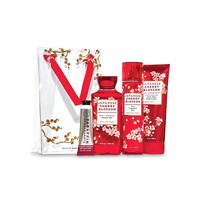 Bath and Body Works JAPANESE CHERRY BLOSSOM Gift Bag Set - Body Cream - Shower Gel - Fine Fragrance Mist and a Pomegranate Hand Cream - Full Size