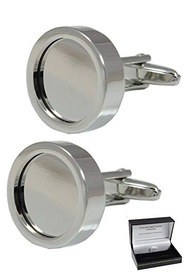 COLLAR AND CUFFS LONDON - Premium Cufflinks with Gift Box - Customisable Photo Frame - Add Your Own Personalised Image - Solid Brass - Round - Silver Colour