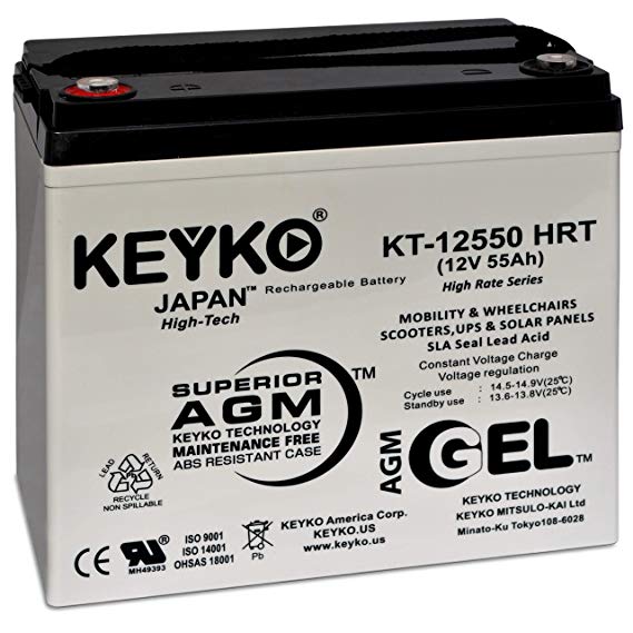 Battery 12V 55 Ah - Fresh & Real 55.0 Amp - Deep Cycle AGM/SLA Designed for Generic use - Genuine KEYKO KT-12550 HRT - IT Threaded T1 Terminal
