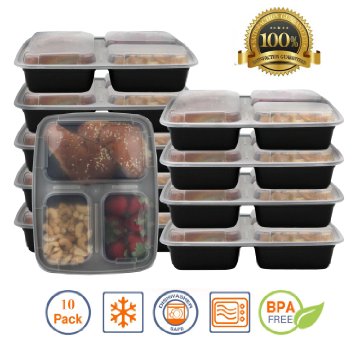Pakkon 3 Compartment Bento Box  Durable Plastic Lunch Container with Airtight Lid 8226 Use For 21 Day Fix Meal Prep and Portion Control 8226 Lunch box For kids and adults 10 pack