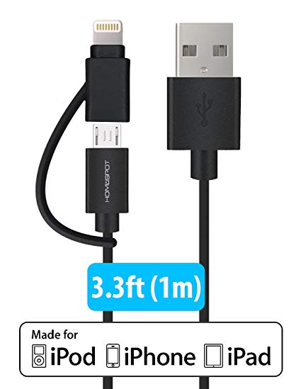 HomeSpot ® Sync & Charge Micro-USB to USB Cable 5 inches / 13 cm, Black (High Speed at 480 Mpbs for Android Devices - Samsung, LG, HTC, Google, Kindle, Sony, Nokia) bundle with [2 in 1 Dual Connector] Black Apple Lightning Adapter