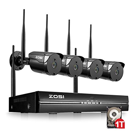 ZOSI 1080p Wireless Security Camera System,4 Channel HDMI NVR Kit (1TB Hard Drive Built-in) with 4 x 1080p Indoor/Outdoor Wireless IP Bullet Cameras,P2P,100ft Night Vision,Remote View