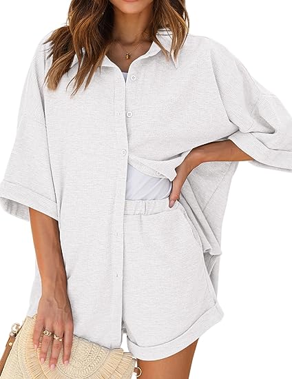 Ekouaer Womens Waffle Pajama Set Button Down Comfy Matching Loungewear 2 Piece Tracksuit Shorts Set with Pockets