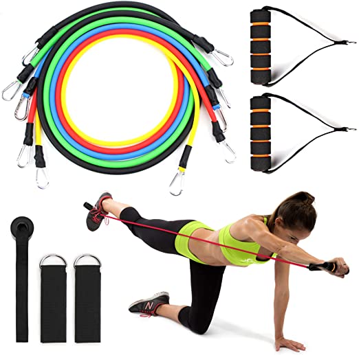 Resistance Bands Set 11pcs Exercises Elastic Rubber Band Home Gym Body Building Fitness Training Workout Equipment Stack able Up to 100 Lbs