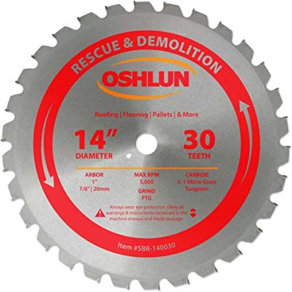 Oshlun SBR-140030 14-Inch 30 Tooth FTG Saw Blade with 1-Inch Arbor (7/8-Inch and 20mm Bushings) for Rescue and Demolition