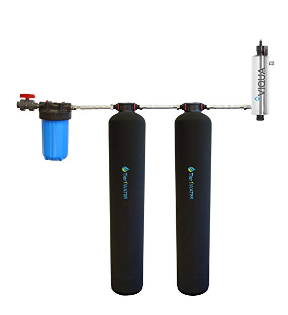 Tier1 Whole House Carbon and KDF Water Filter System with UV Water Purification & Salt Free Water Softener for 1-3 Bathrooms - For Well Water Use
