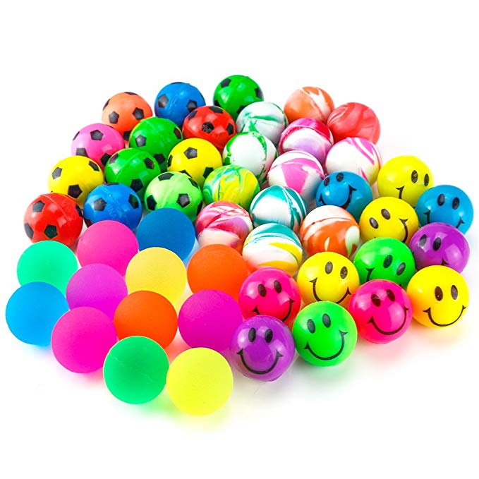 Pllieay 48 Pieces 4 Style 25mm Bouncy Balls Bulk Set Include Mixed Colour Ball Series, Neon Ball Series, Football Series and Smiley Ball Series for Party Bag Fillers