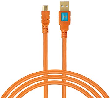 Latch and Lock 15 Foot A Male to Mini-B 5 Pin Gold Plated Cable with Ferrite Core High Visibilty Orange