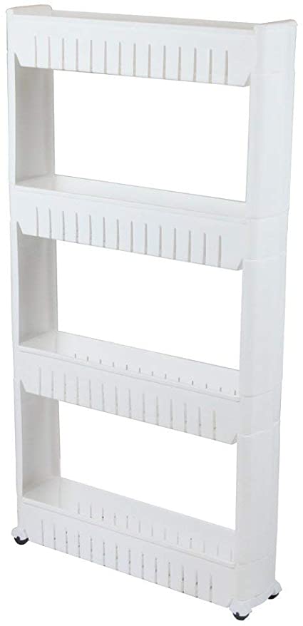 MISC White 4 Tier Slim Rolling Cart Pull-Out, Slide Out Storage Tower Rack with Wheels Kitchen Organizer Three Shelves Rolling Rack Laundry Pantry Bathroom Space Saver Household, Heavy Duty Plastic