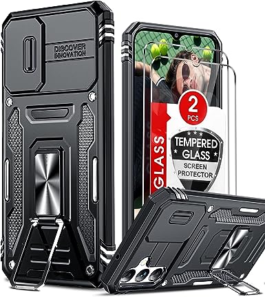 LeYi Galaxy A14-5G Phone Case: Samsung A 14 Case with 2 Pack Screen Protectors, Heavy Duty Shockproof Case with Slide Camera Cover, Magnetic Rotatable Ring Kickstand for Samsung Galaxy A14 5G, Black