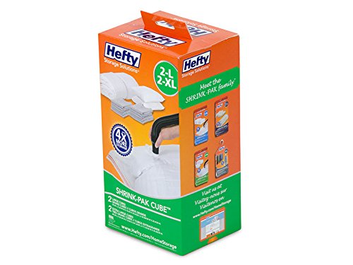 Hefty Vacuum Seal SHRINK-PAK BAG CUBE, 30" X 22" X 10", 2 L Bags, 40" X 28" X 12", 2 XL Bags