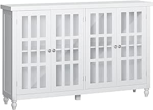 HOMCOM Sideboard, Buffet Cabinet with 4 Tempered Glass Doors, Stripe Pattern and Adjustable Storage Shelf, Credenza, White