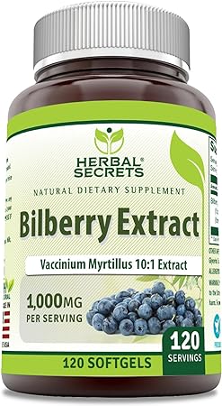 Herbal Secrets Bilberry Extract Supplement |1000 Mg Per Serving | 120 Softgels | Non-GMO | Gluten-Free | Made in USA