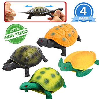 Turtle Toys,5 Inch Rubber Tortoise Turtle Sets(4 Pack),Great Safety Material TPR Super Stretchy,Can Hide In Shell,Zoo World Sea Ocean Animal Bathtub Bath Pool Toy Party Favors Boys Kids