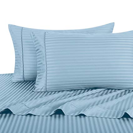Exquisitely Lavish Sateen Stripe Weave Bedding by Pure Linens, 300 Thread Count 100-Percent Plush Cotton, 3 Piece Twin Extra Long (Twin XL) Size Deep Pocket Hemmed Sheet Set, Blue