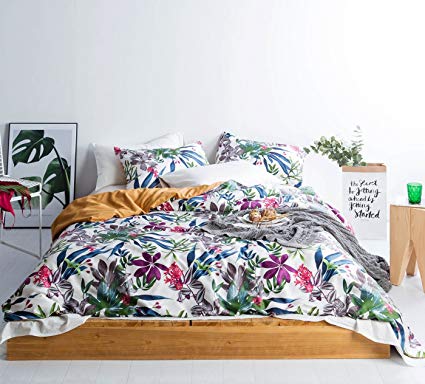 SUSYBAO 3 Pieces Duvet Cover Set 100% Egyptian Cotton Sateen King Size Tropical Floral Print Bedding with Zipper Ties 1 Reversible Duvet Cover 2 Pillowcases Luxury Quality Silky Soft Comfortable