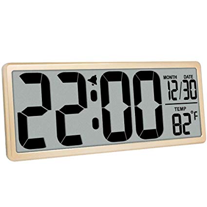 TXL 13.9" Oversized LCD Clock with 4.6" Bold Digit/Date/Temperature Battery Operated Large Digital Wall Clock Jumbo Alarm Clock Office Kitchen Large Display, Button Cell Battery Backup Included, Gold