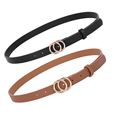 Women's Leather Skinny Belts for Dress Jeans Pants Fashion Leather Belt with Double O Ring Buckle