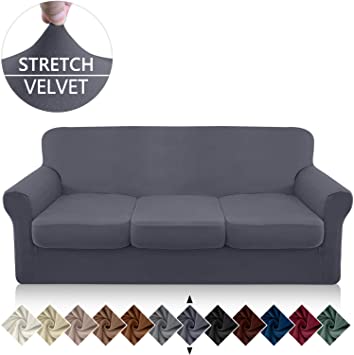 Granbest 4 Piece Microfiber Stretch Couch Cover Super Soft Sofa Cover for 3 Cushion Couch Non Slip Sofa Slip Cover Furniture Protector with Individual Seat Covers Washable(Large, Gray)