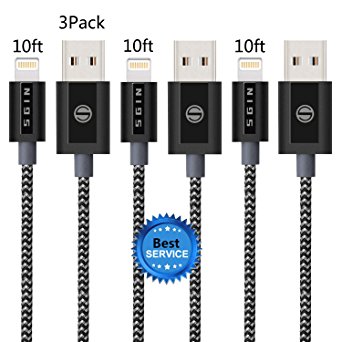 iPhone Cable SGIN 3-PACK 10FT Nylon Braided Lightning to USB Cable - Syncing for Apple iPhone 7, 7 Plus, 6s, 6s , 6, SE, 5s, 5c, 5, iPad, iPod (Black&Gray)