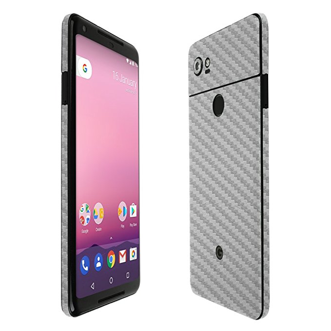 Skinomi TechSkin - Google Pixel 2 XL Screen Protector   Silver Carbon Fiber Full Body Skin / Front & Back Wrap Clear Film / Ultra HD and Anti-Bubble Shield