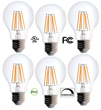 Bioluz LED Vintage 40 Watt Light Bulb, Edison Style Filament LED, Dimmable A19, Uses 4.5 Watts, Warm White (2700K) Clear Pendent Light Bulb UL Listed (Pack of 6)