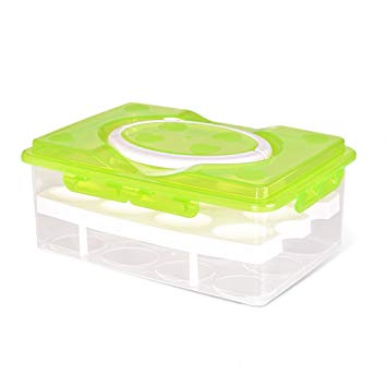 Daixers Ortable Large Capacity Double-layers Egg Storage Container Holds 24 Eggs Shatter-proof Non-slip Eggs Holder with Handle (Green)